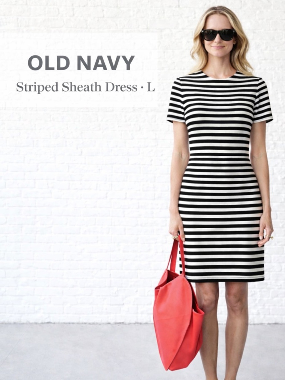 🤎 Old Navy Black & White Sheath Dress Sz L Fitted Stretch Short Sleeve